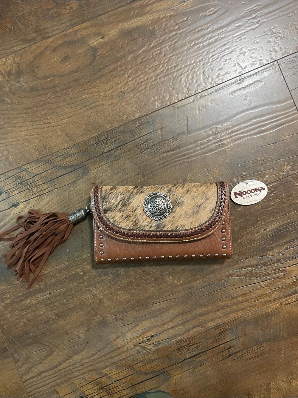 Nocona Brown and Tan Leather Fringe Wallet with Concho